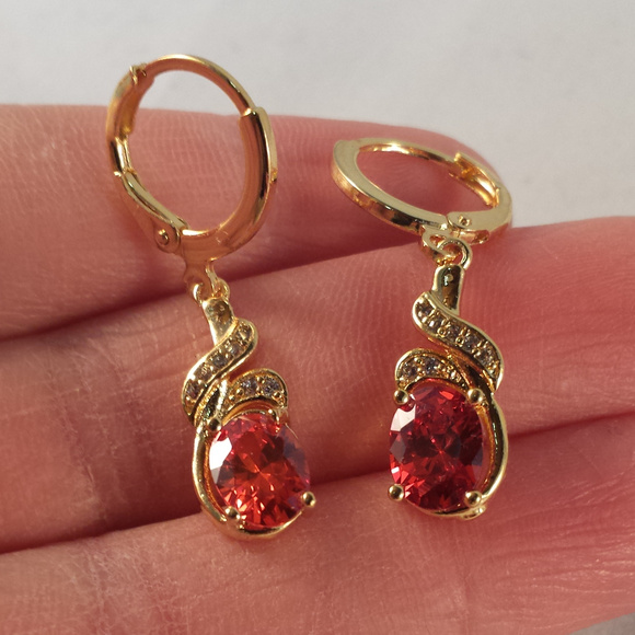 Jewelry - 18K Yellow Gold Filled Ruby Red Diamond Zircon Swirl Dangle Earrings 1.21ctw ea.